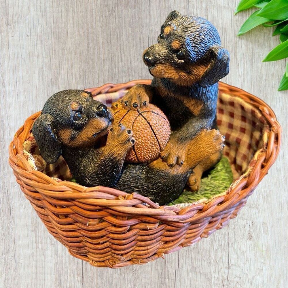 Rottweiler Puppies with Ball in Wicker Basket Figurine by Living Stone